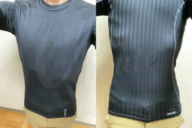 ウォームフィットドライアンダーとコンフォヒートロングスリーブではコンフォヒートの方がゆったりめ